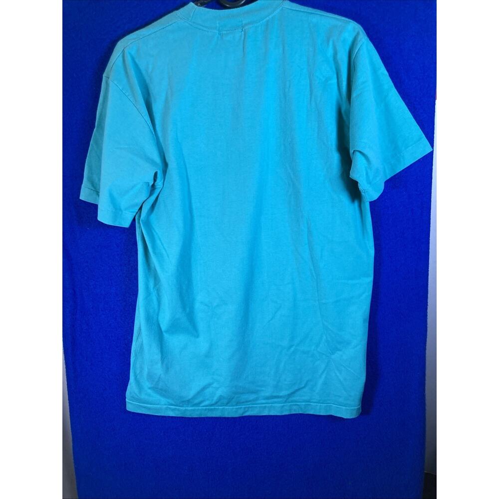 Vtg 90s Student Machine Graphic Tee Art Deco Lady Floral Hat Teal 100% cotton - Picture 10 of 11